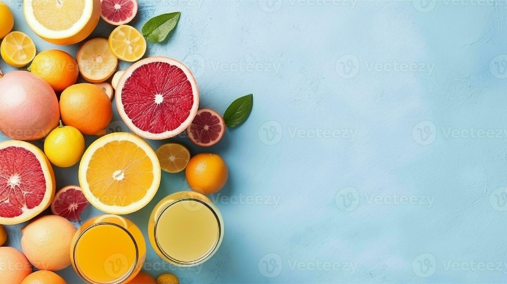 Top view flat lay of juice,lemon,orange,on pastel blue background and copy space.Generative Ai. photo