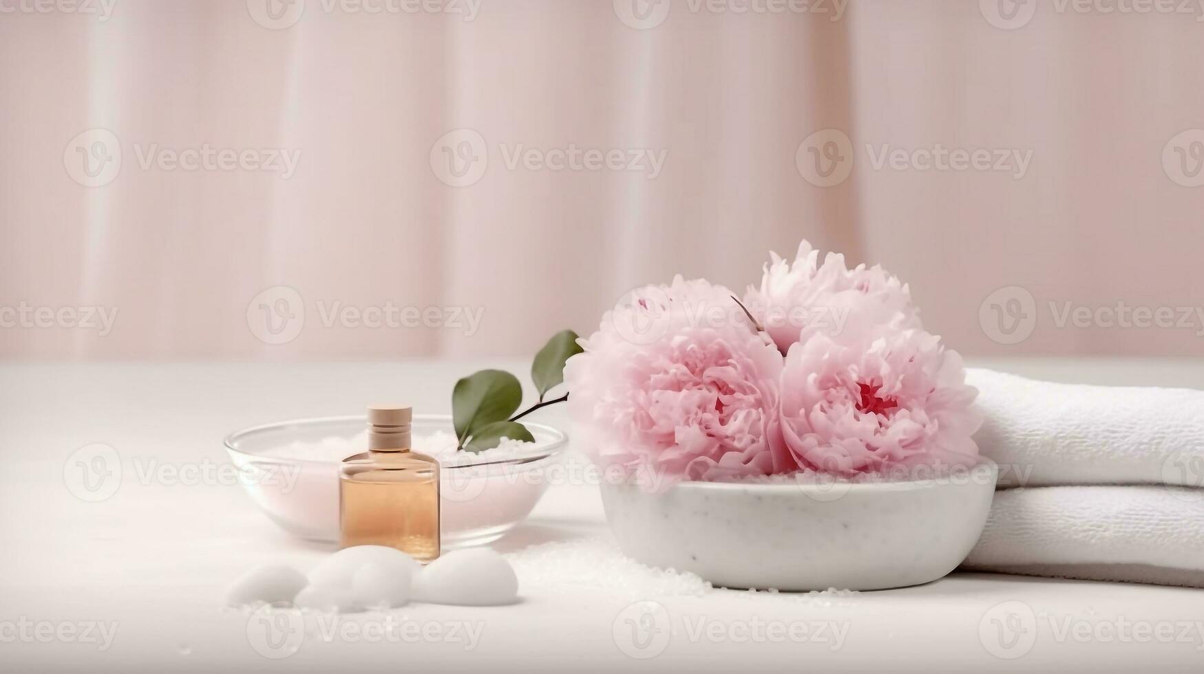 Spa set of spa treatment elements on white wooden,Peonies White towel,pink herbal salt.Generative Ai. photo