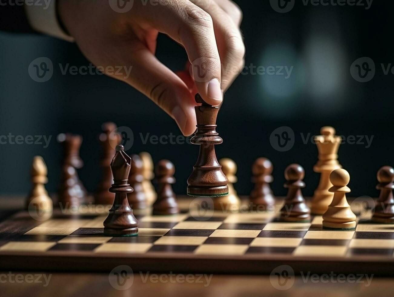 Businessman moves chess pieces in tournament, business concept.Generative Ai. photo