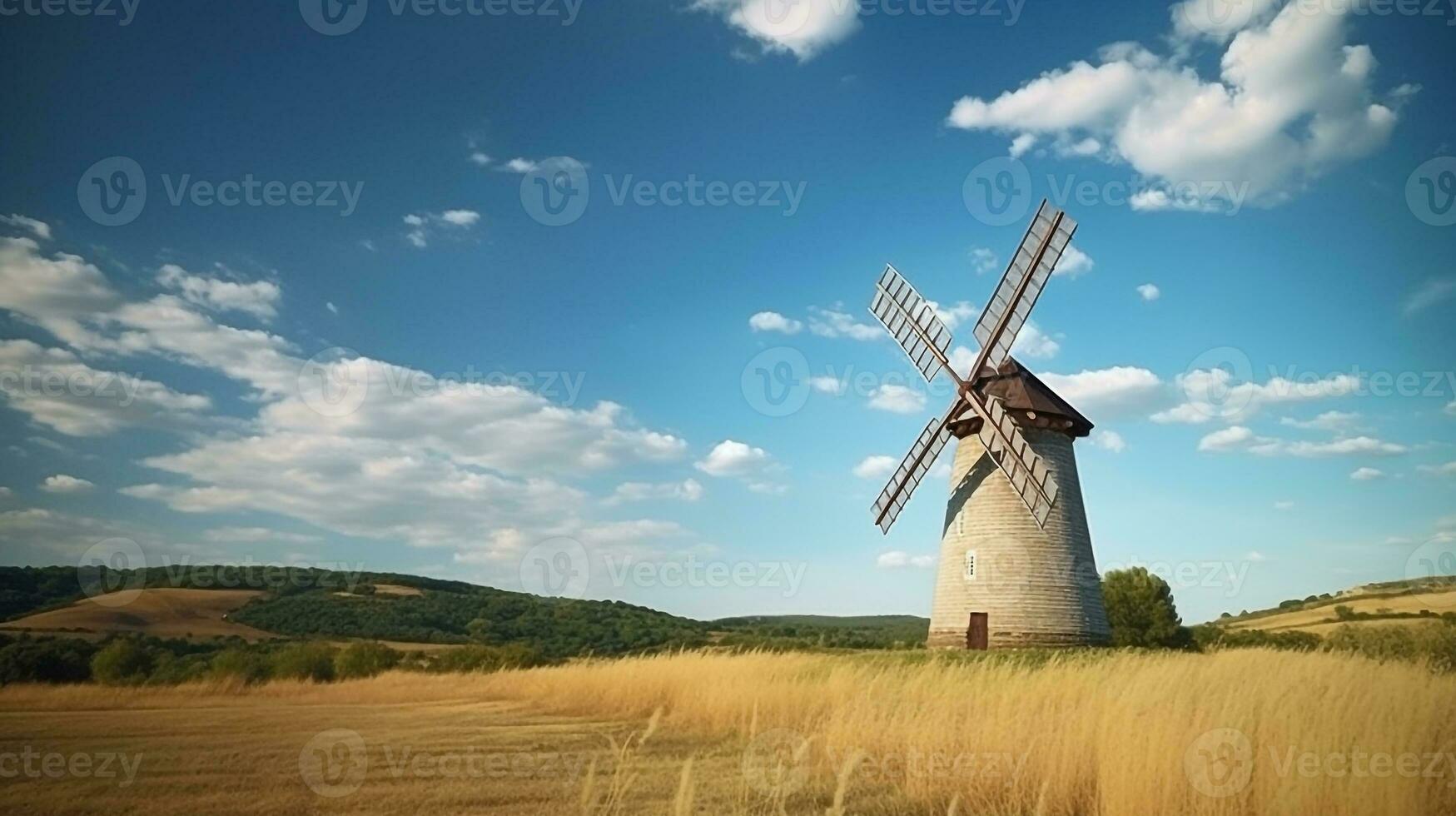 molino turbinas en el verde campo con azul cielo.generativo ai. foto