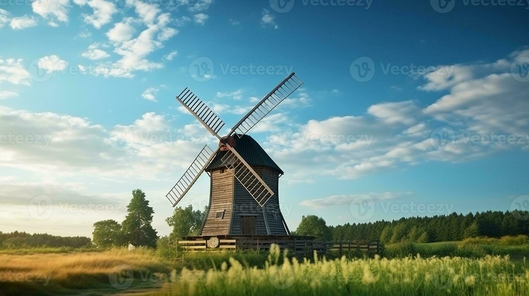 Windmill turbines in the green field with blue sky.Generative Ai. photo