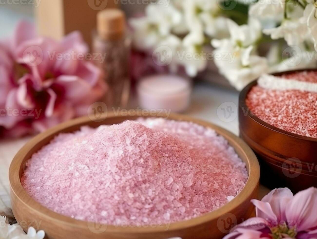 Spa set of spa treatment elements on white wooden,Peonies White towel,pink herbal salt.Generative Ai. photo