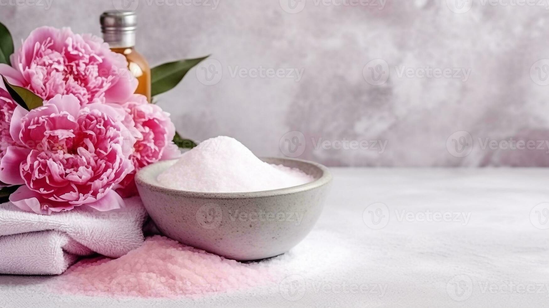 Spa set of spa treatment elements on white wooden,Peonies White towel,pink herbal salt.Generative Ai. photo