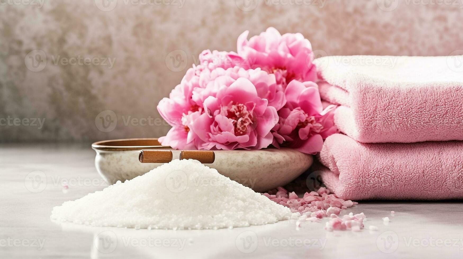 Spa set of spa treatment elements on white wooden,Peonies White towel,pink herbal salt.Generative Ai. photo