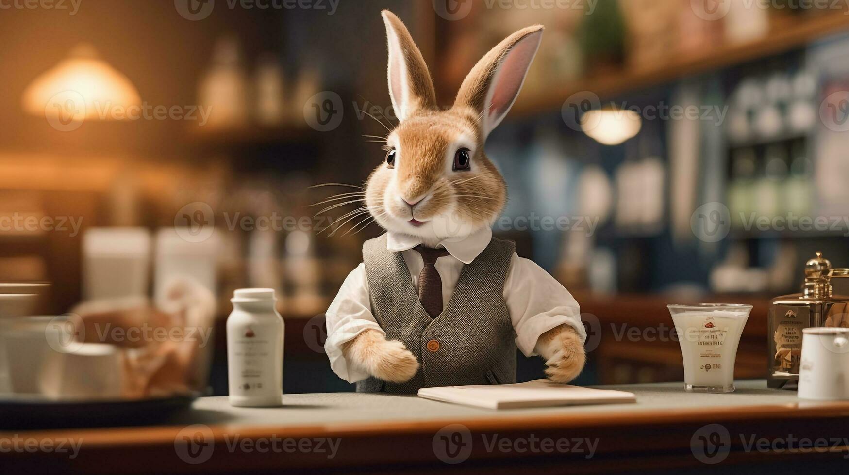 Bunny dressed as a barista serving coffee.Generative Ai. photo