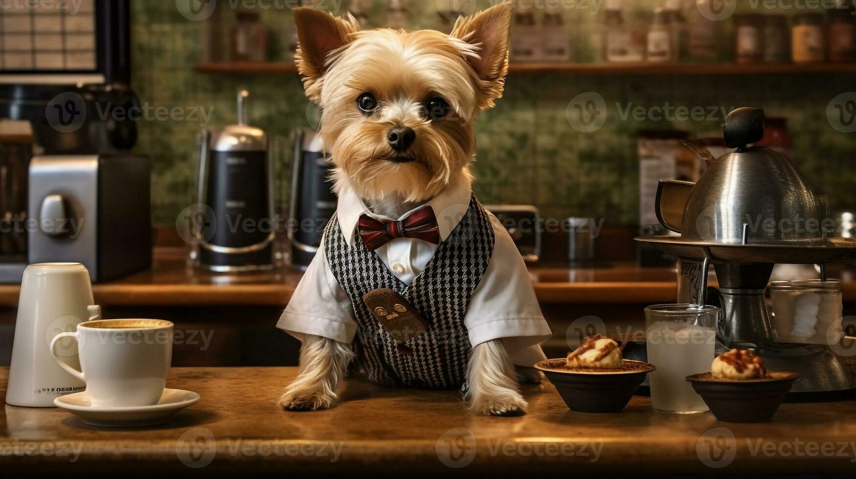 Dog dressed barista serving coffee in the coffee shop.Generative Ai. photo