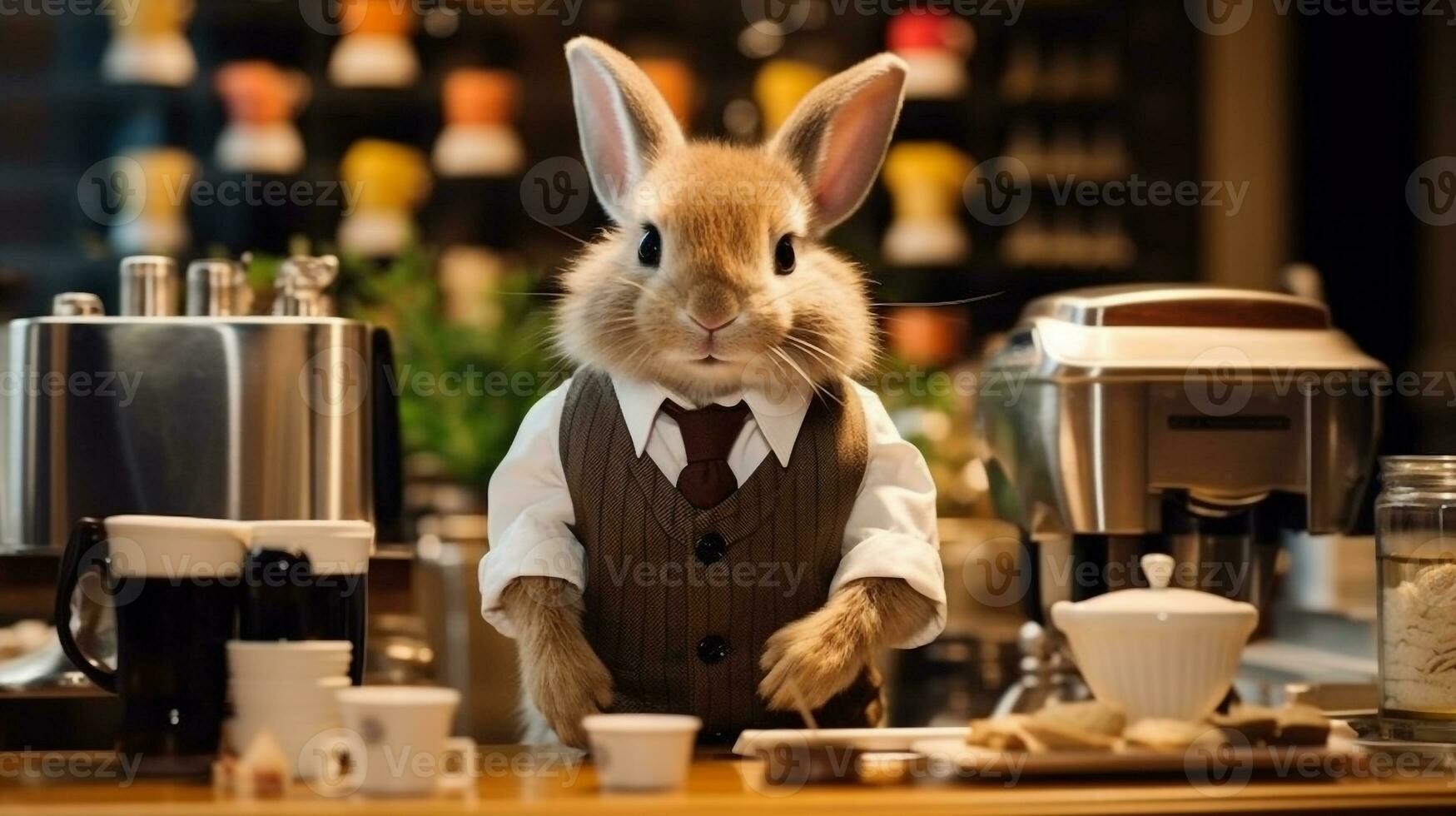 Bunny dressed as a barista serving coffee.Generative Ai. photo
