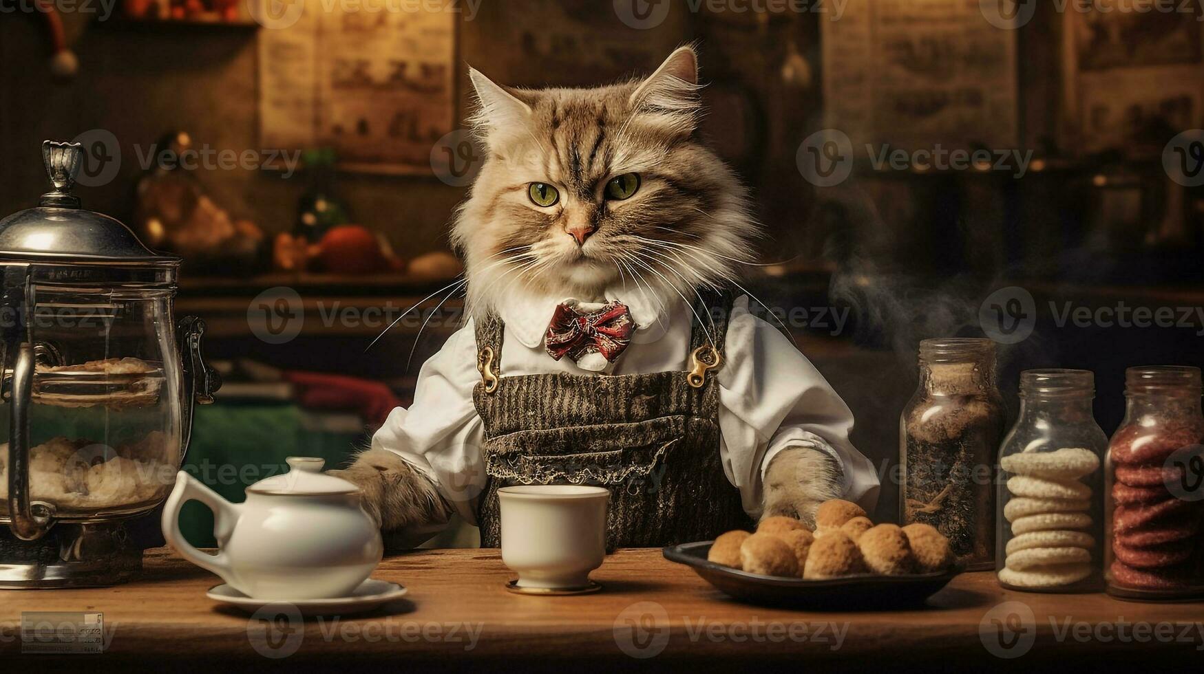 Cat dressed barista serving coffee in the coffee shop.Generative Ai. photo