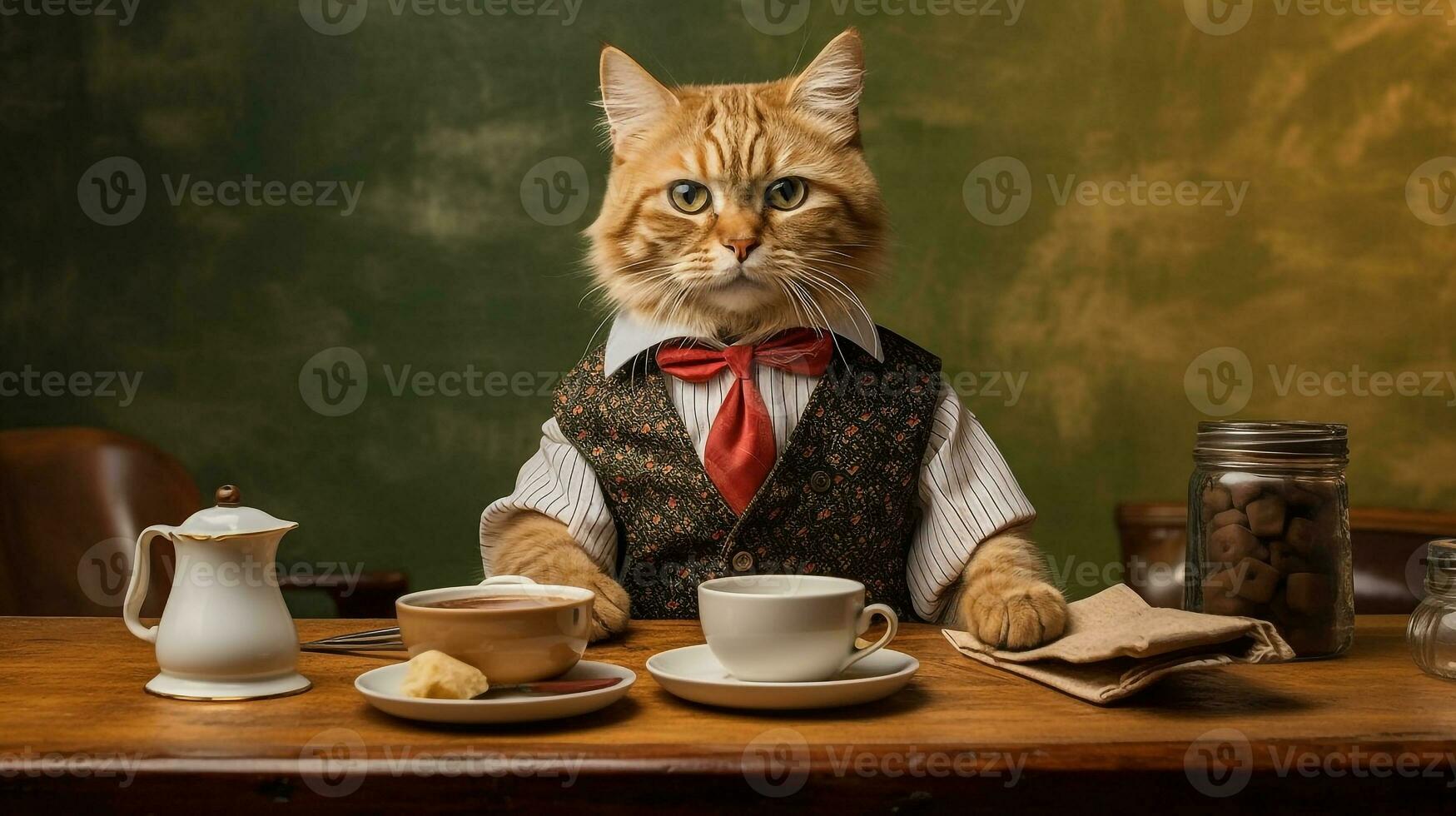 Cat dressed barista serving coffee in the coffee shop.Generative Ai. photo