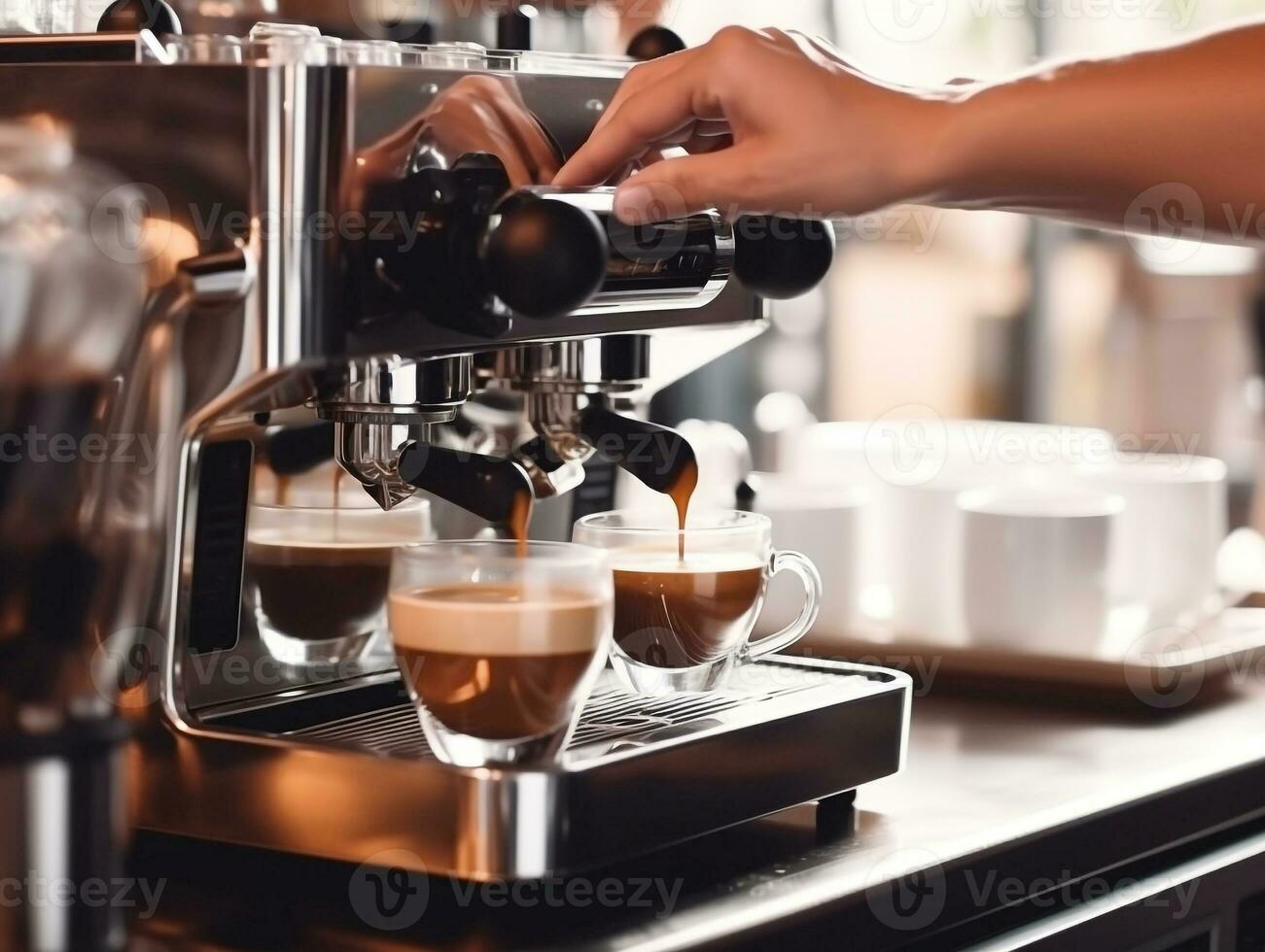 barista haciendo café vertiéndolo en la cafetería cerca de las