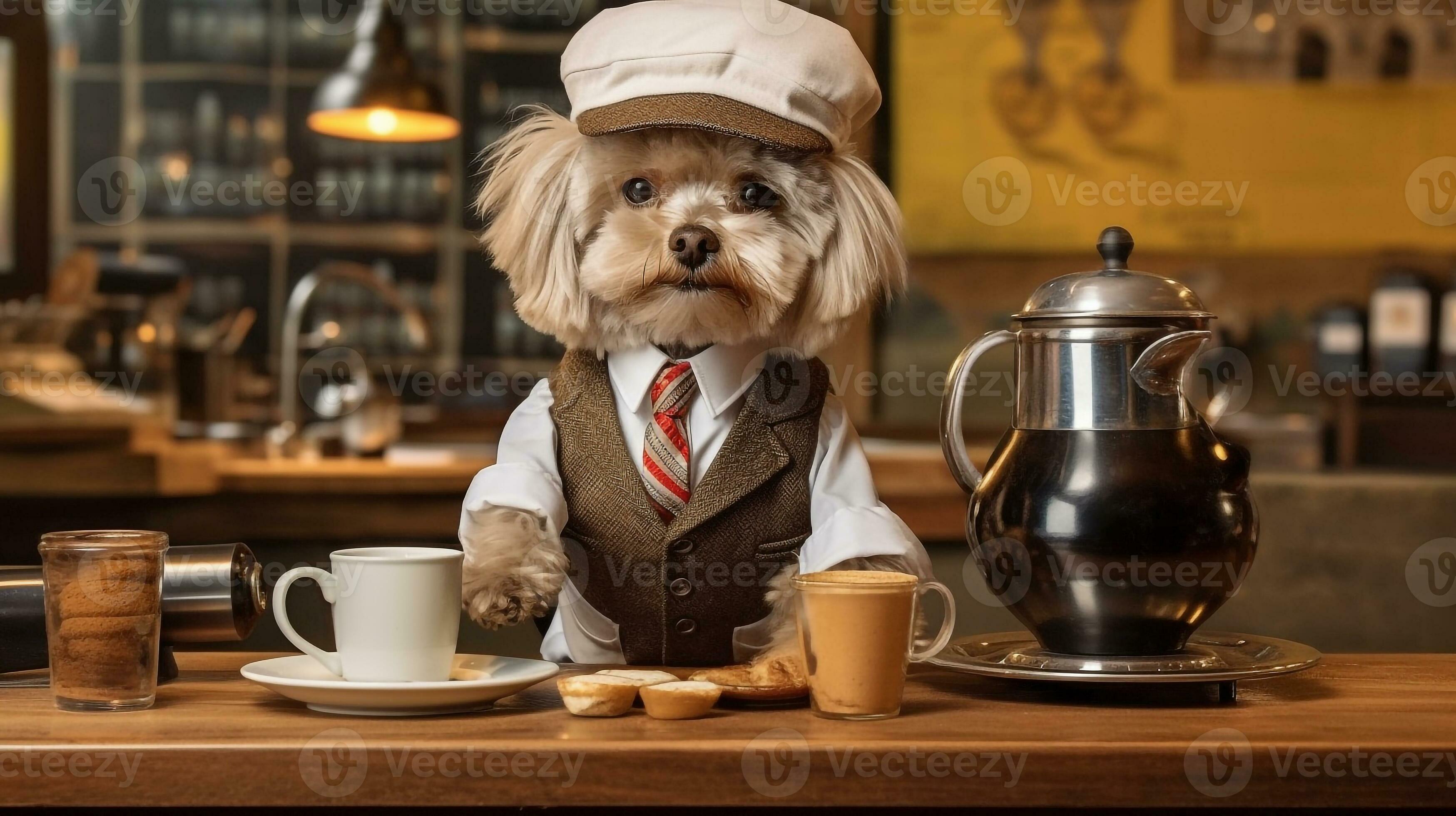 Dog dressed barista serving coffee in the coffee shop.Generative Ai