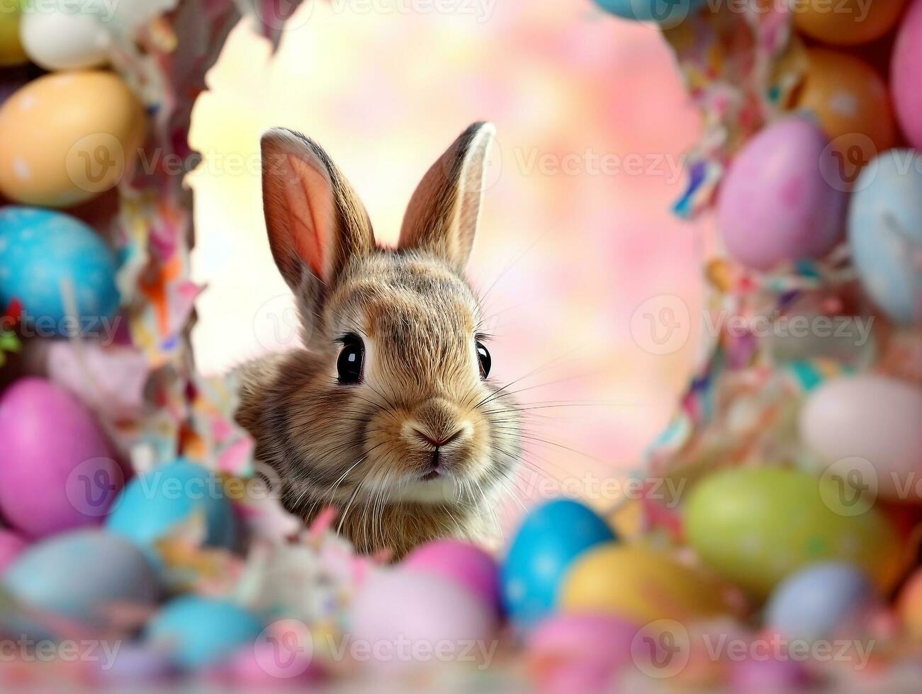 Rabbit peeks out hole in the white wall with colorful easter egg.Generative Ai. photo