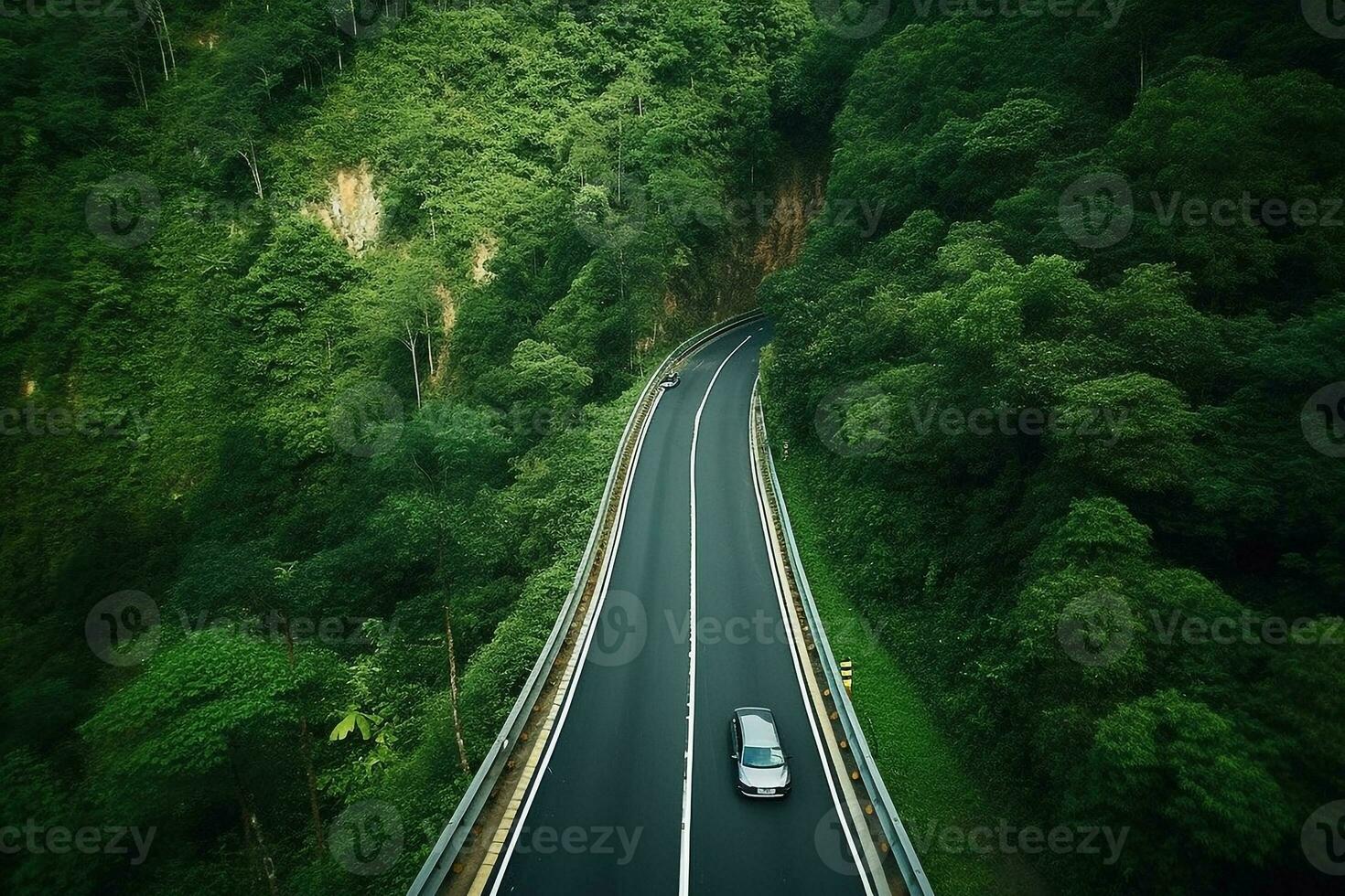 Road winds through the lush forest with modern cars driving through the trees.Generative Ai. photo