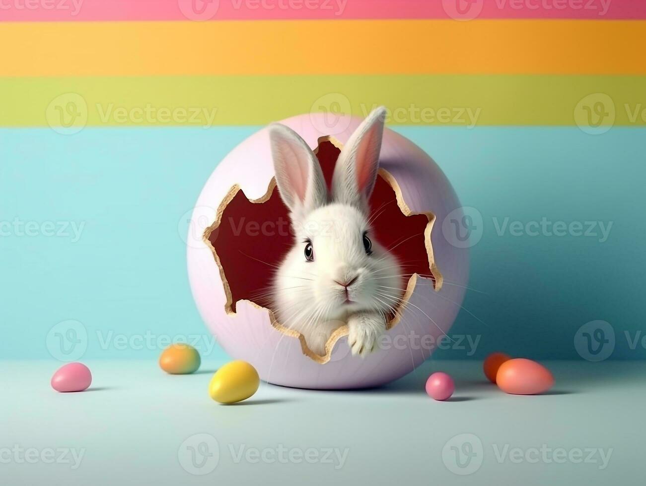 Rabbit peeks out hole in the white wall with colorful easter egg.Generative Ai. photo