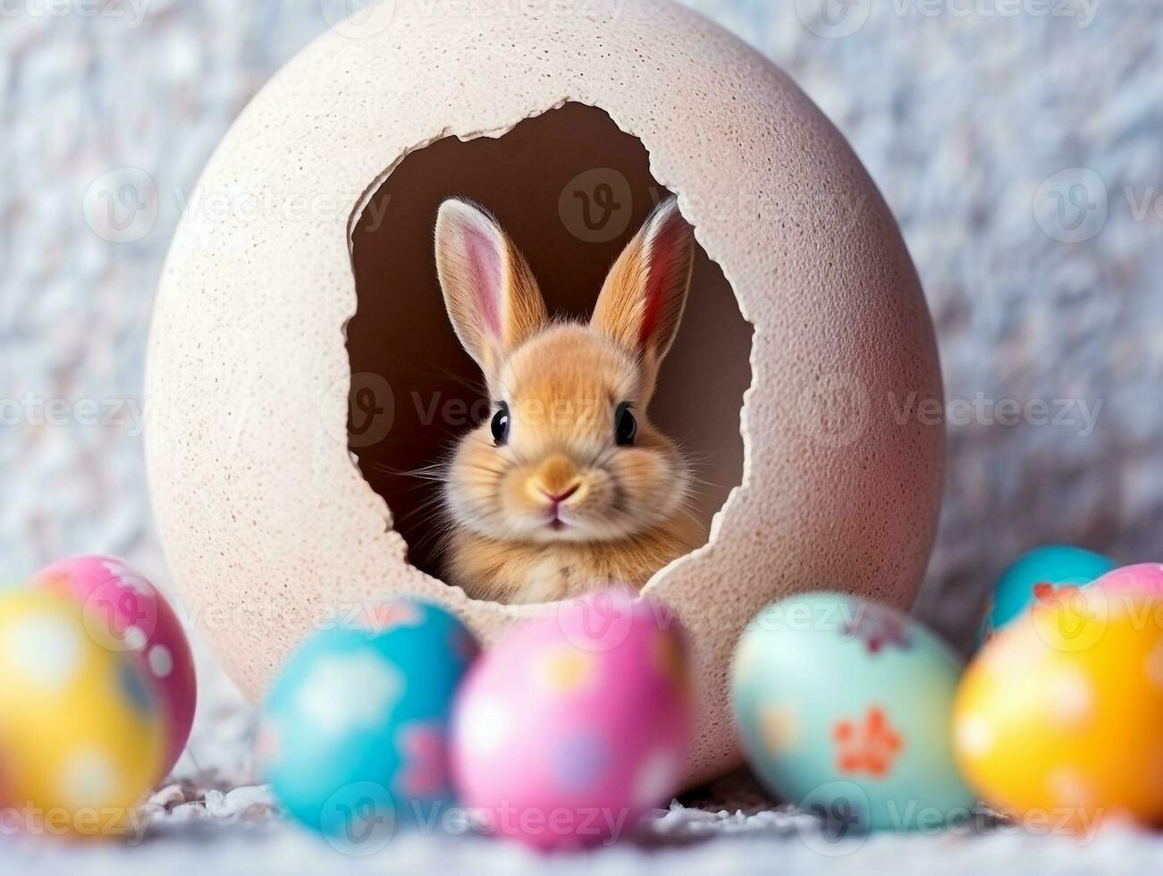 Rabbit peeks out hole in the white wall with colorful easter egg.Generative Ai. photo