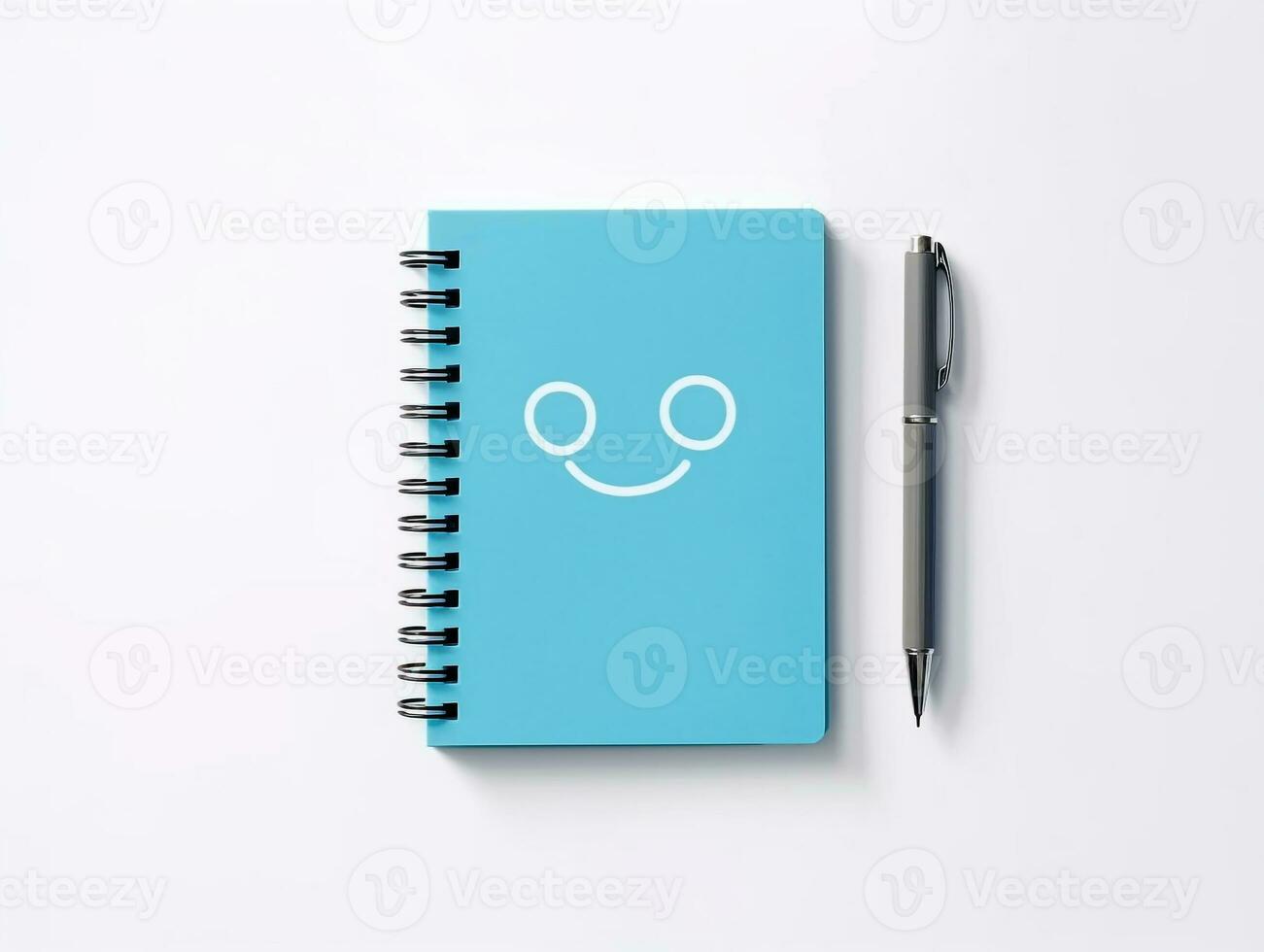 Blue notebook sheet with smiley magnet on white background.Generative Ai. photo