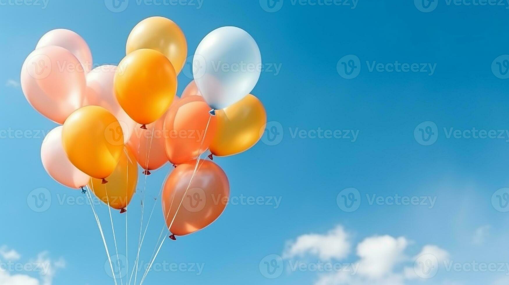 Bunch of colorful balloons with float on a blue sky background.Generative Ai. photo