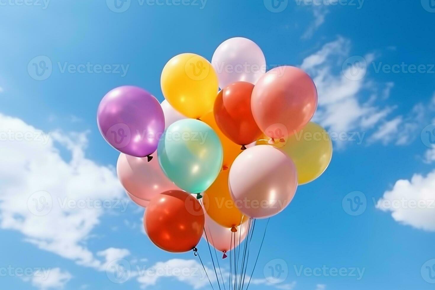Bunch of colorful balloons with float on a blue sky background.Generative Ai. photo