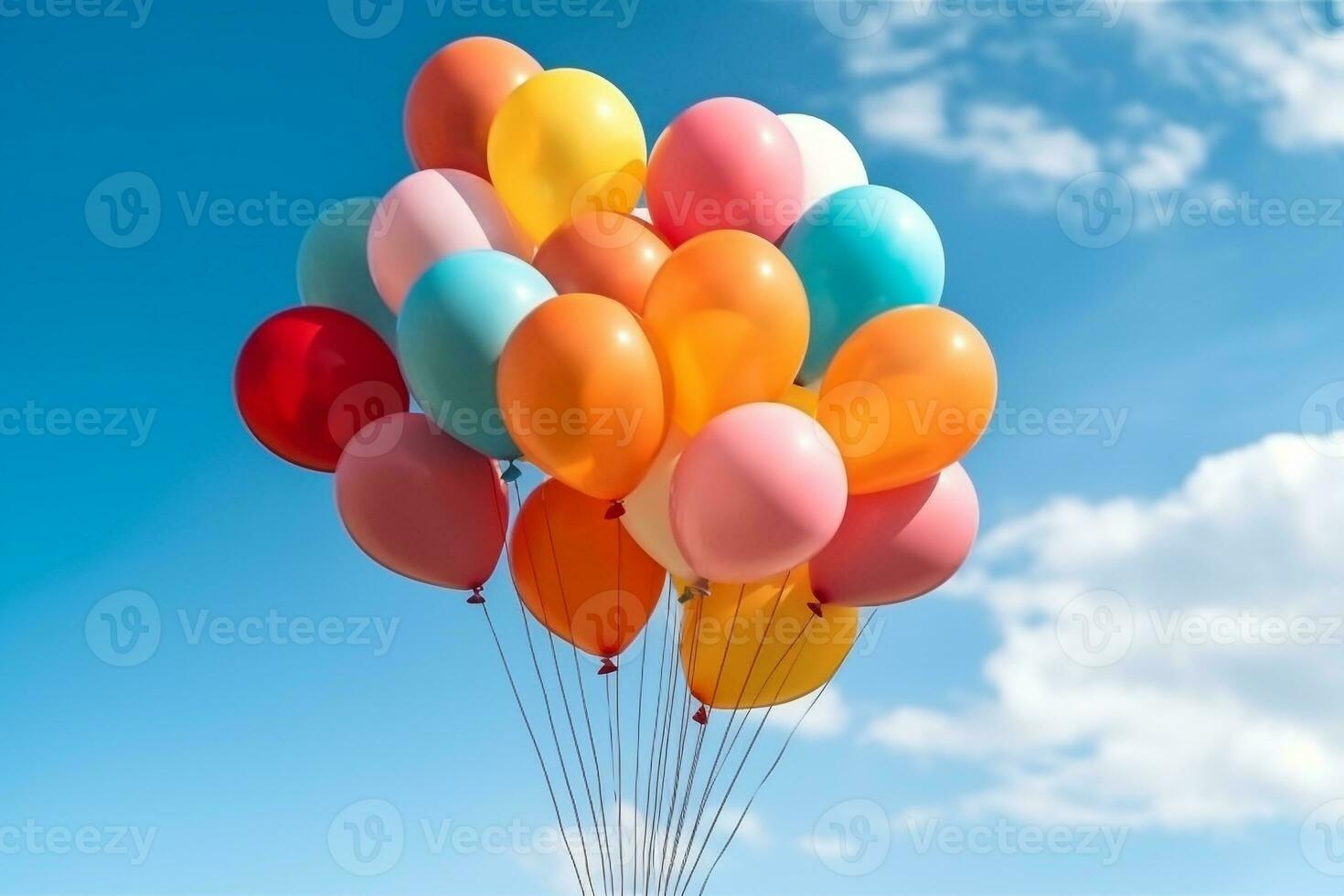 Bunch of colorful balloons with float on a blue sky background.Generative Ai. photo