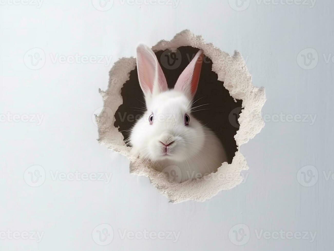 Rabbit peeks out hole in the white wall with colorful easter egg.Generative Ai. photo