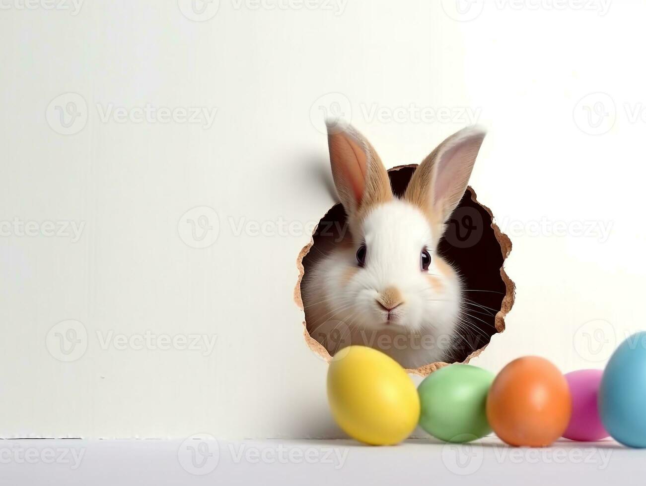 Rabbit peeks out hole in the white wall with colorful easter egg.Generative Ai. photo