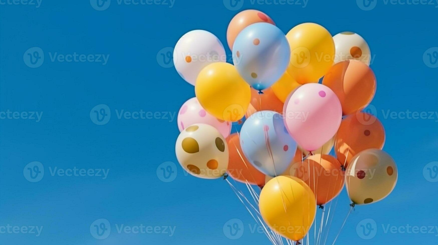 Bunch of colorful balloons with float on a blue sky background.Generative Ai. photo