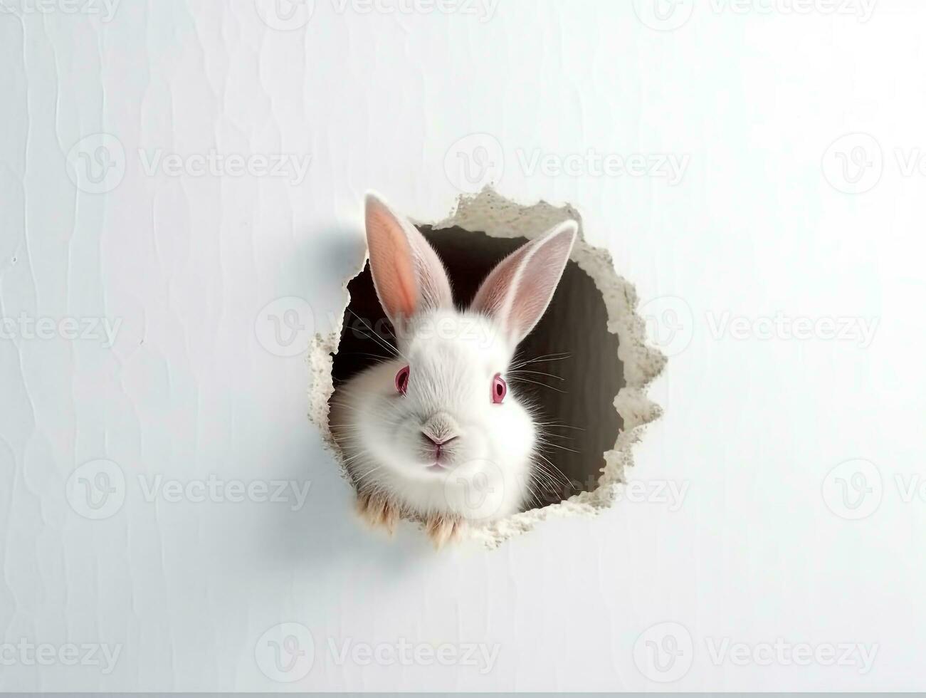 Rabbit peeks out hole in the white wall with colorful easter egg.Generative Ai. photo