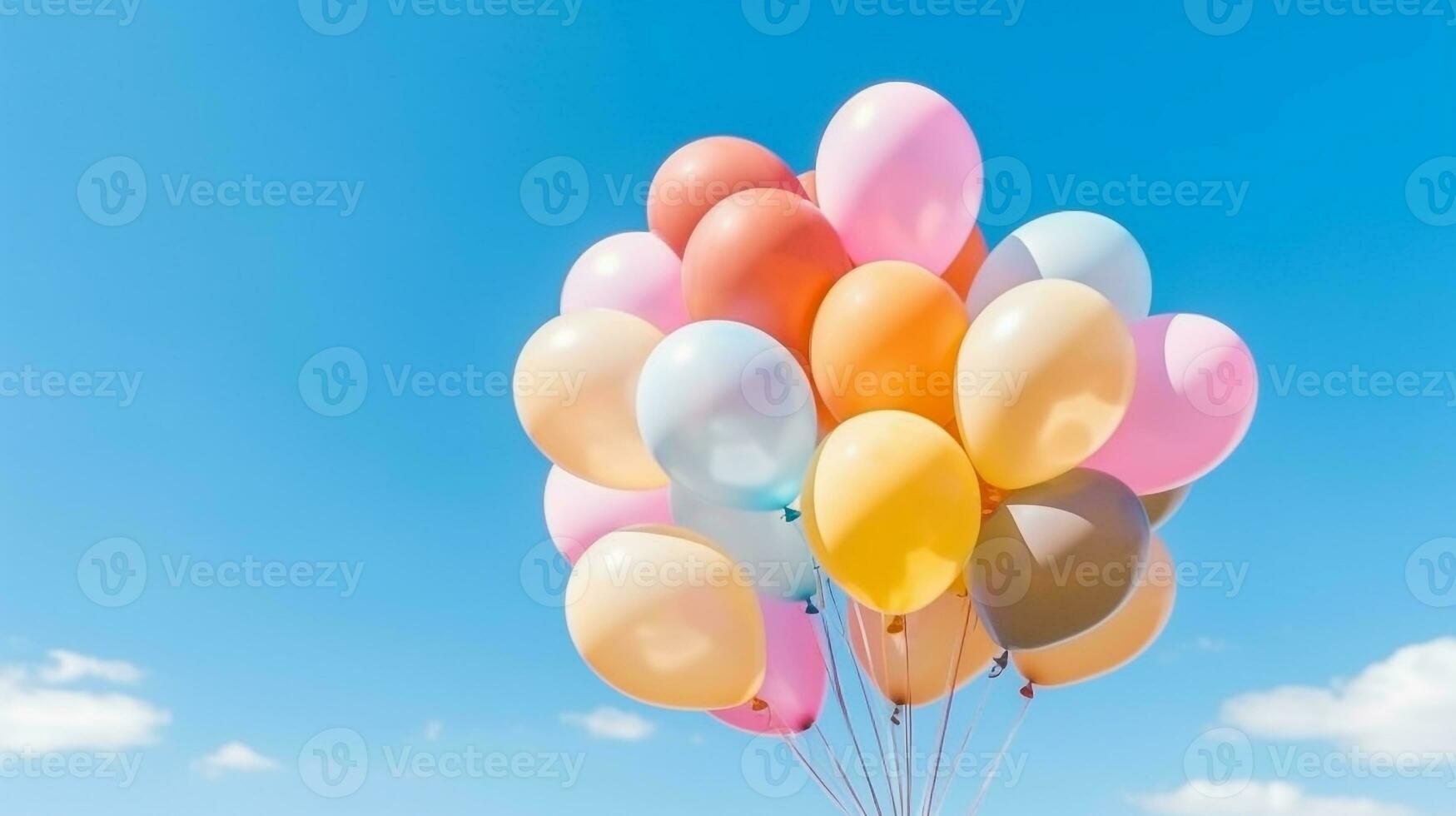 Bunch of colorful balloons with float on a blue sky background.Generative Ai. photo