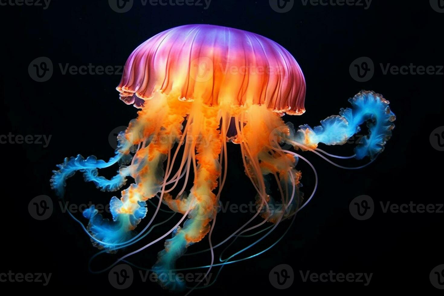 Huge jellyfish glows in the depths of the sea.Generative Ai. photo