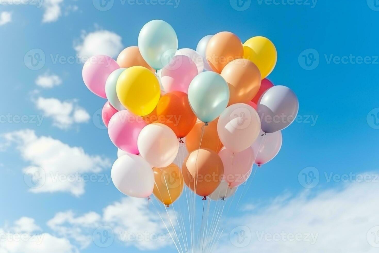 Bunch of colorful balloons with float on a blue sky background.Generative Ai. photo