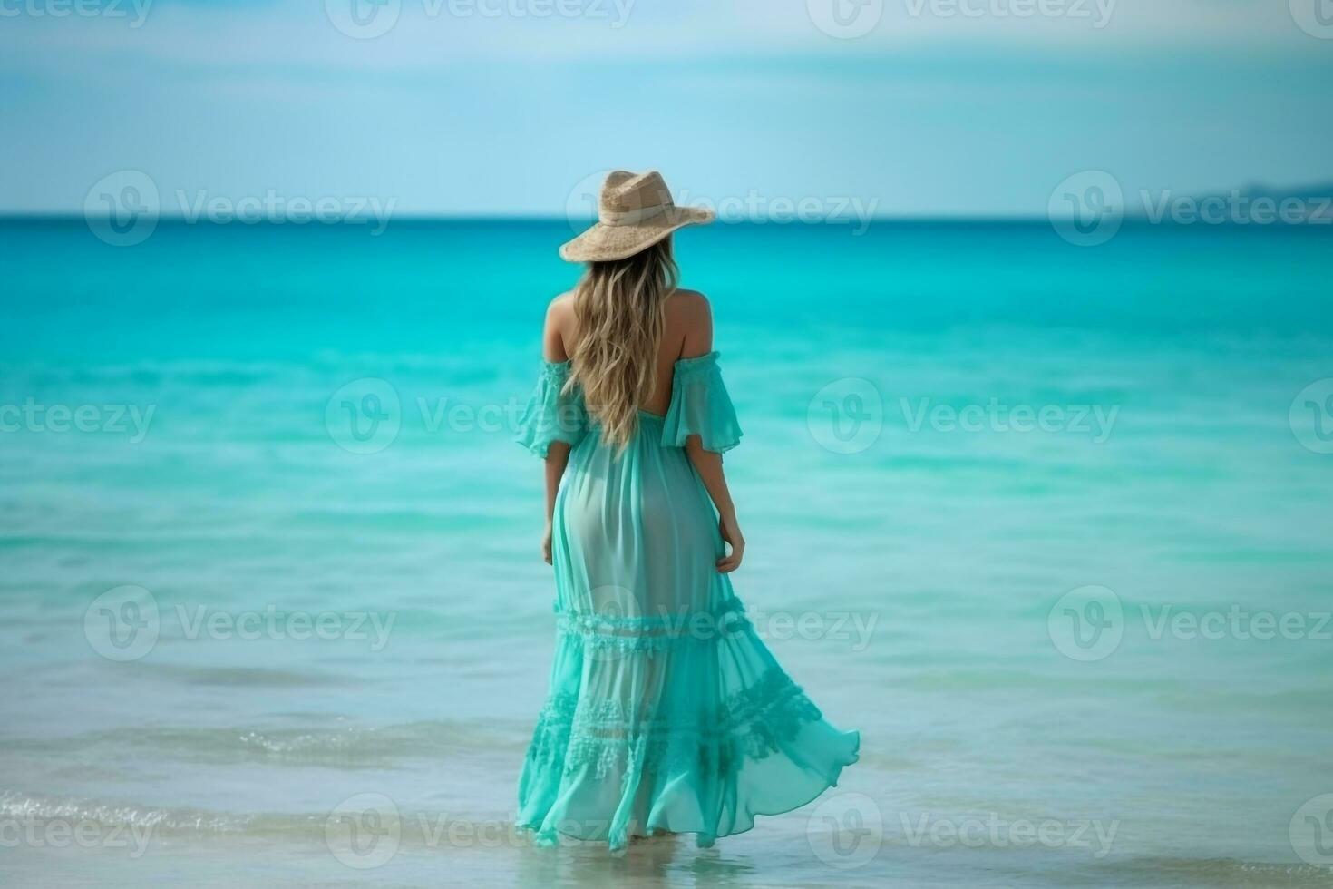 Beautiful woman in dress standing on rock with beautiful sea background.Generative Ai. photo