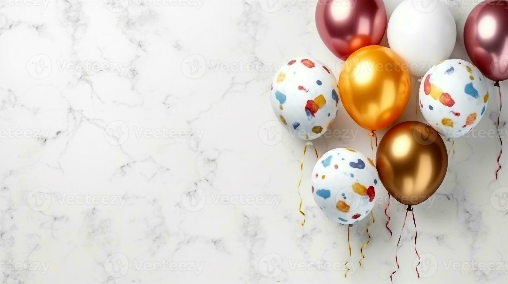 Blank marble of beautiful balloons birthday or party greeting card.Generative Ai. photo