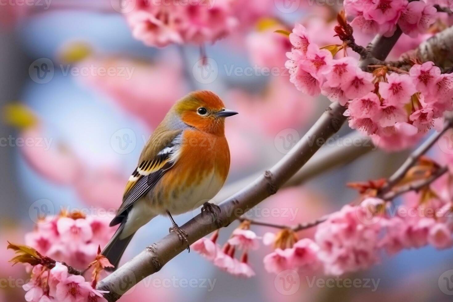 Beautiful bird sitting on the tree branch with sakura flower background.Generative Ai. photo