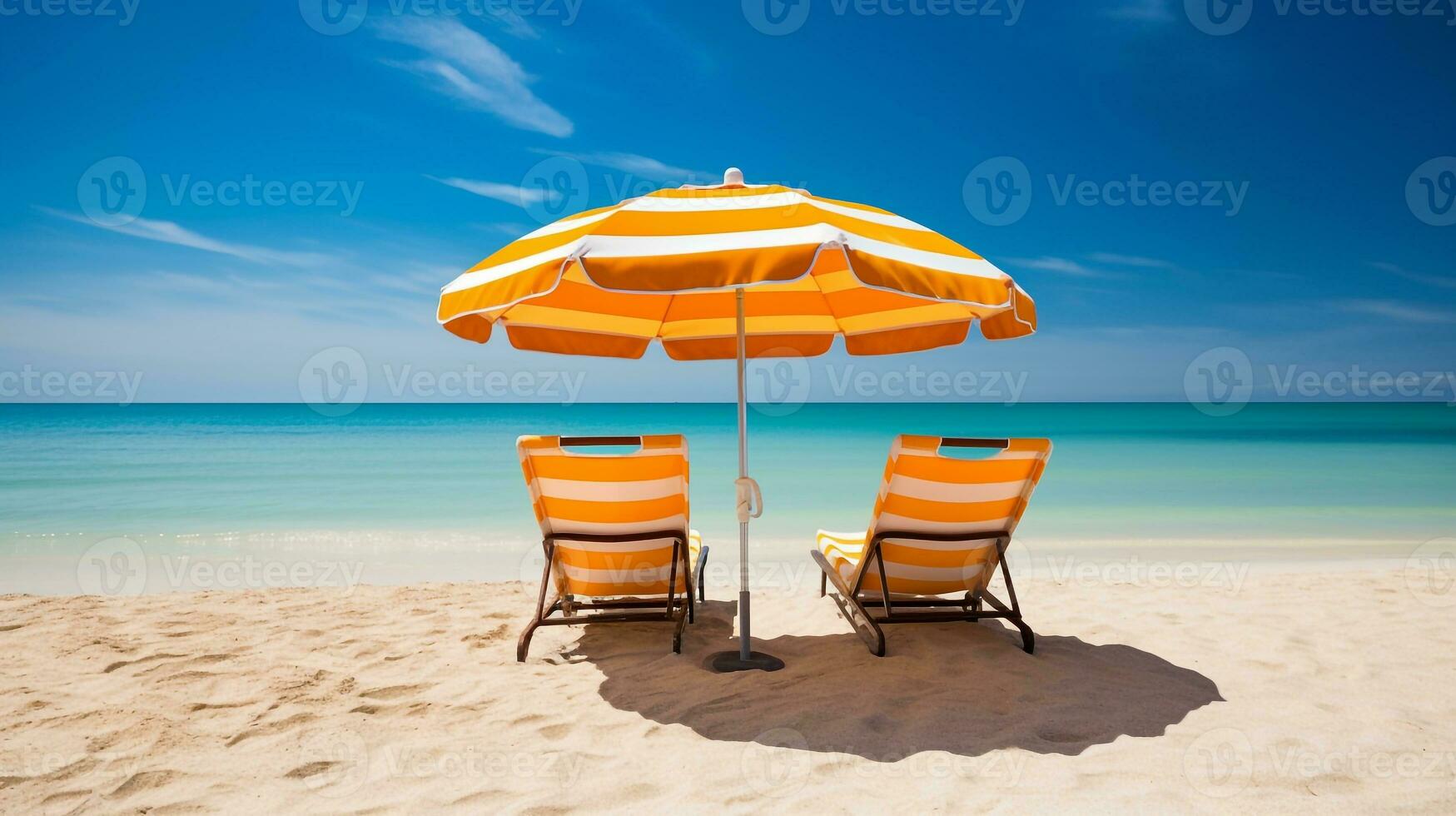 Landscape beach chairs and umbrella on stunning tropical beach.Generative Ai. photo