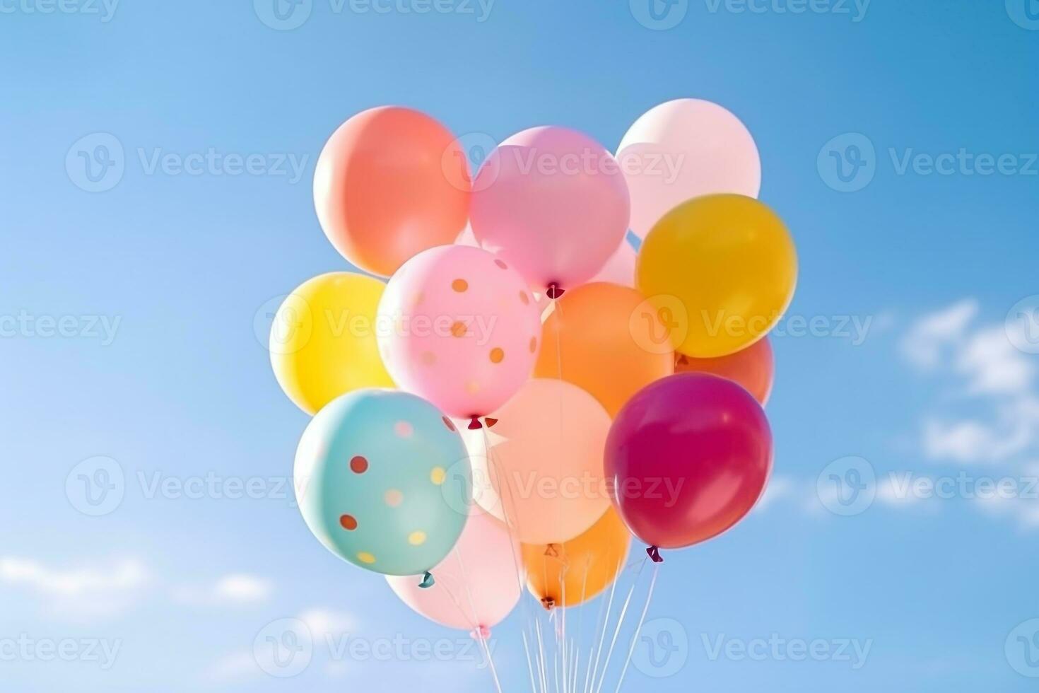 Bunch of colorful balloons with float on a blue sky background.Generative Ai. photo