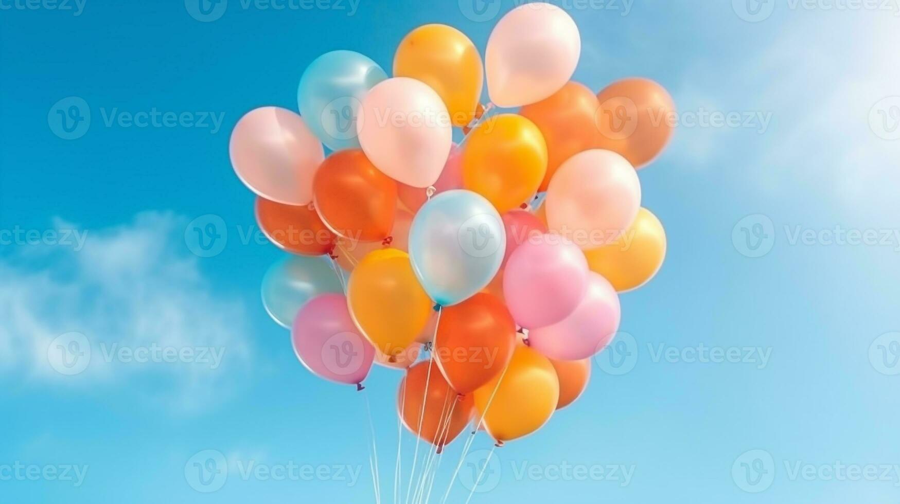 Bunch of colorful balloons with float on a blue sky background.Generative Ai. photo