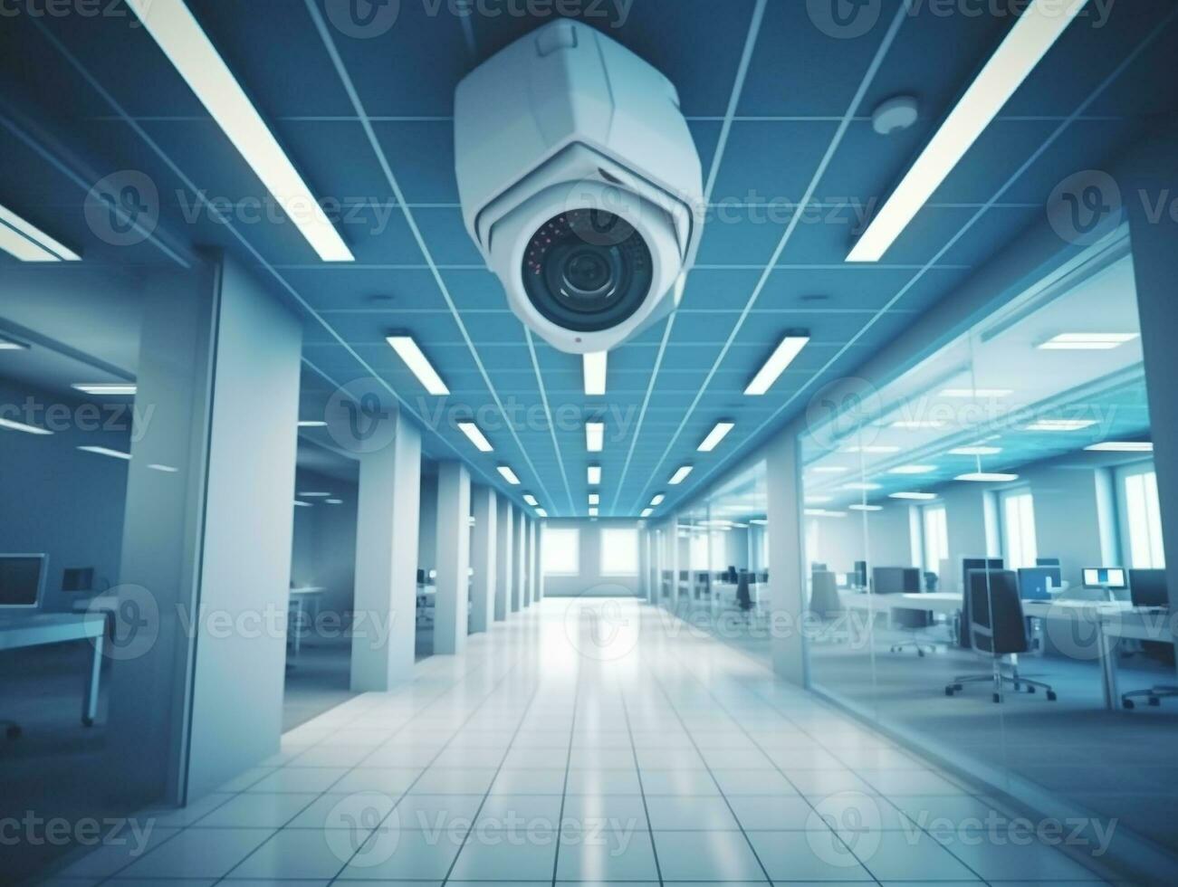 Modern CCTV security camera on monitor in office building.Generative Ai. photo