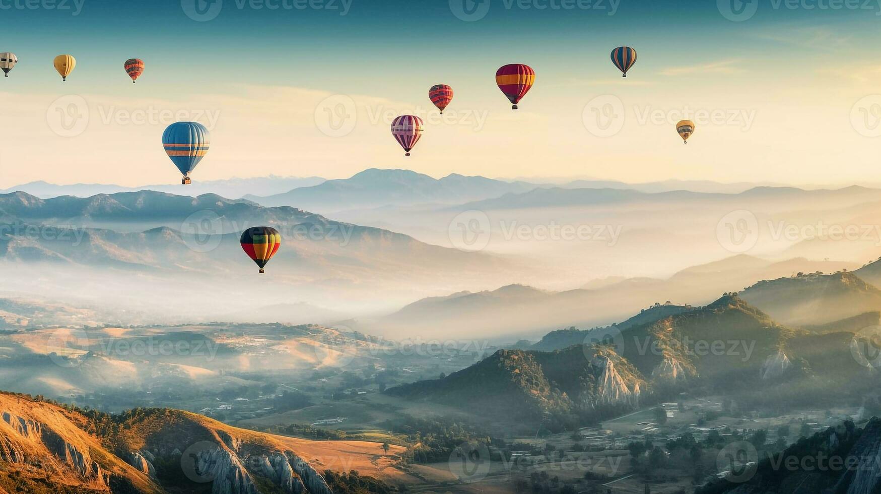 Colorful hot air balloons float over mountain with blue sky.Generative Ai. photo