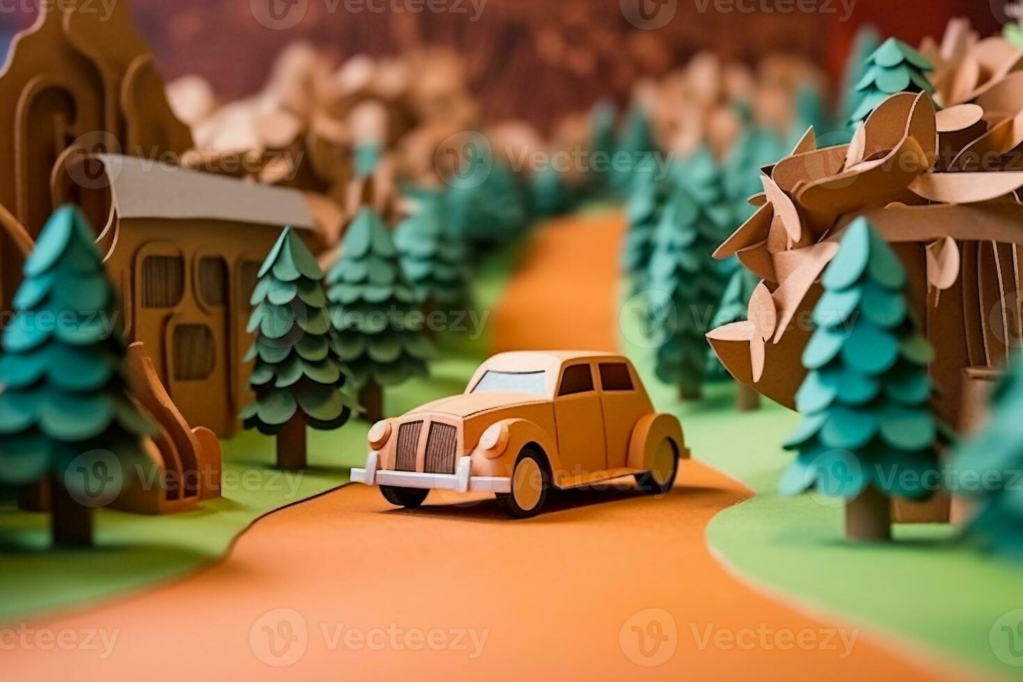Paper art car on the road.Generative Ai. photo
