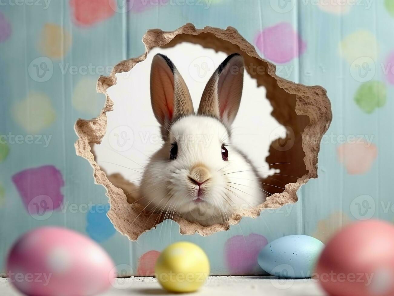 Rabbit peeks out hole in the white wall with colorful easter egg.Generative Ai. photo