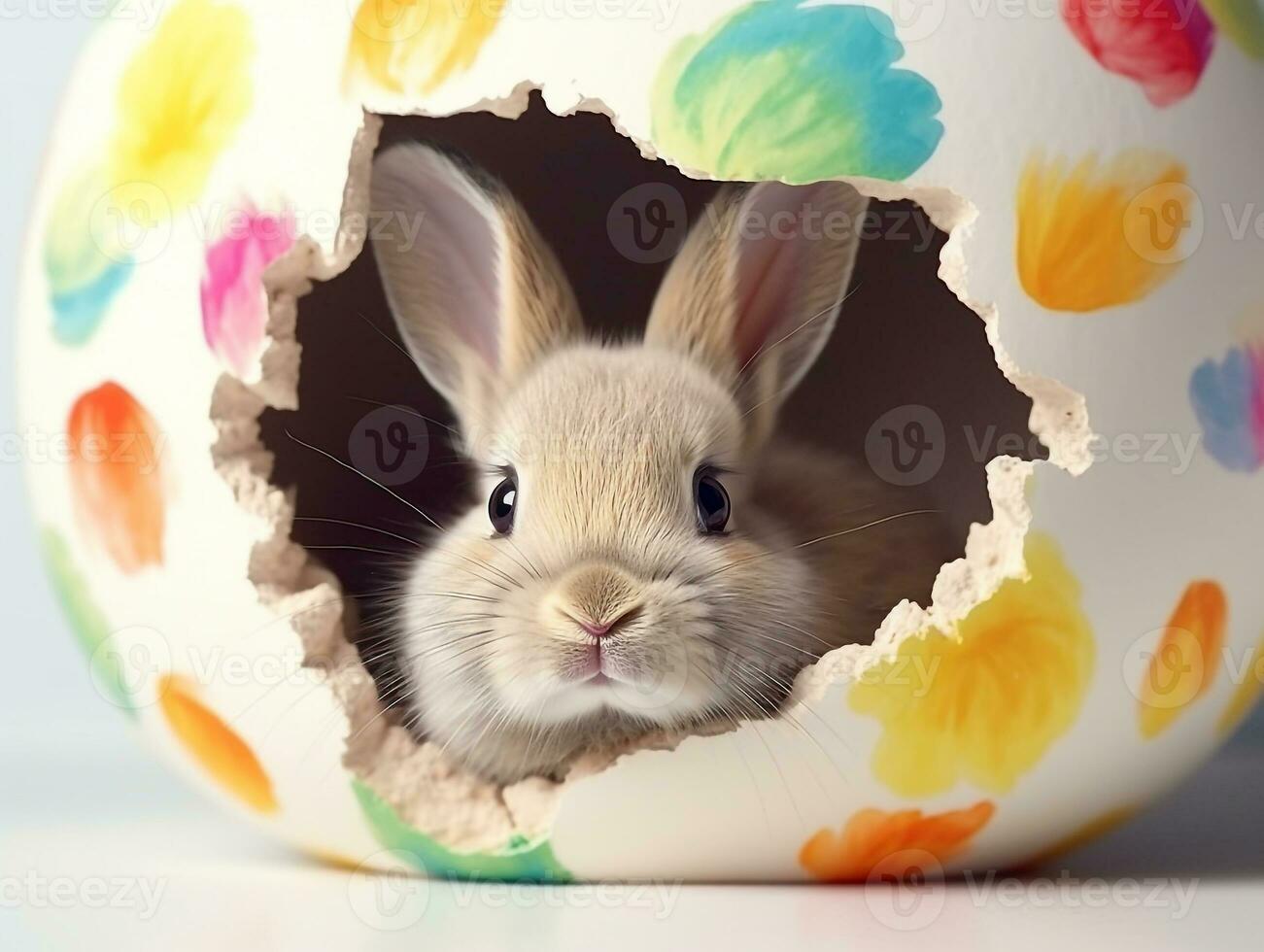 Rabbit peeks out hole in the white wall with colorful easter egg.Generative Ai. photo