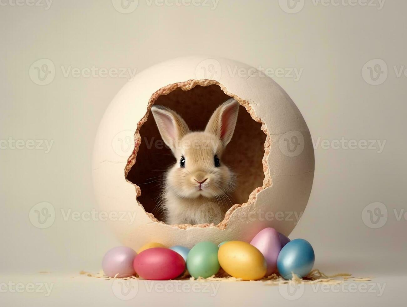 Rabbit peeks out hole in the white wall with colorful easter egg.Generative Ai. photo