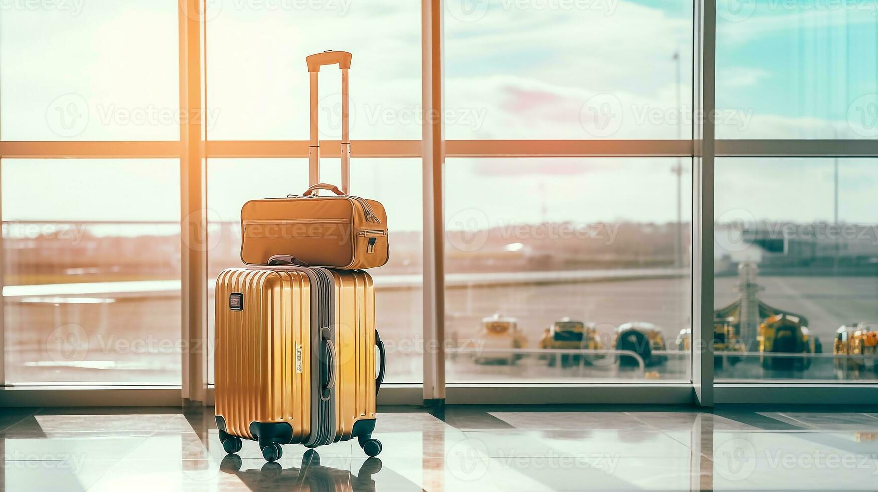 Traveling luggage in airport terminal with passenger plane flying station.Generative Ai. photo