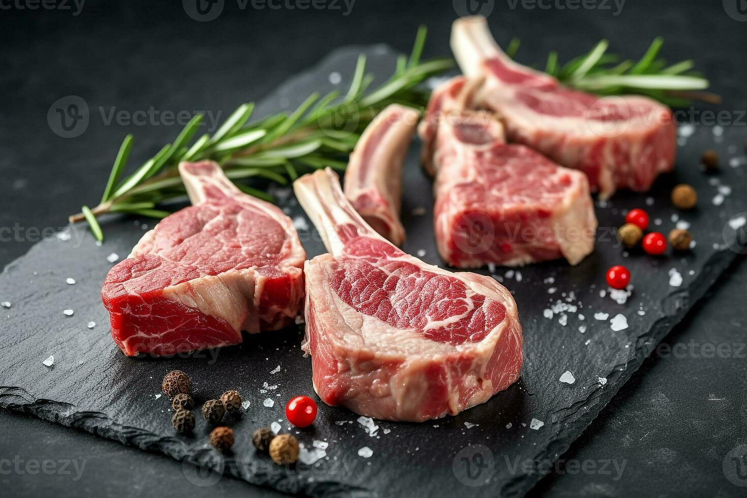 Fresh raw lamb chops on black stone background.Generative Ai. photo