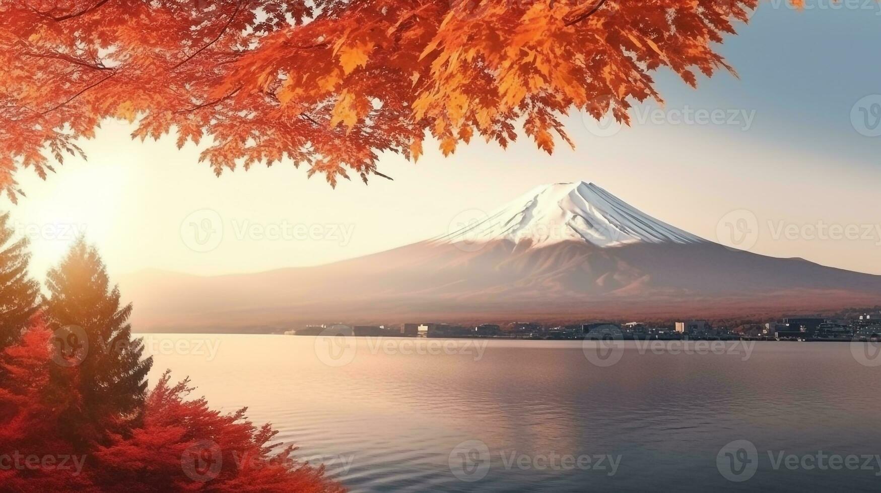 Colorful autumn leaf spring with fuji mountain background.Generative Ai. photo