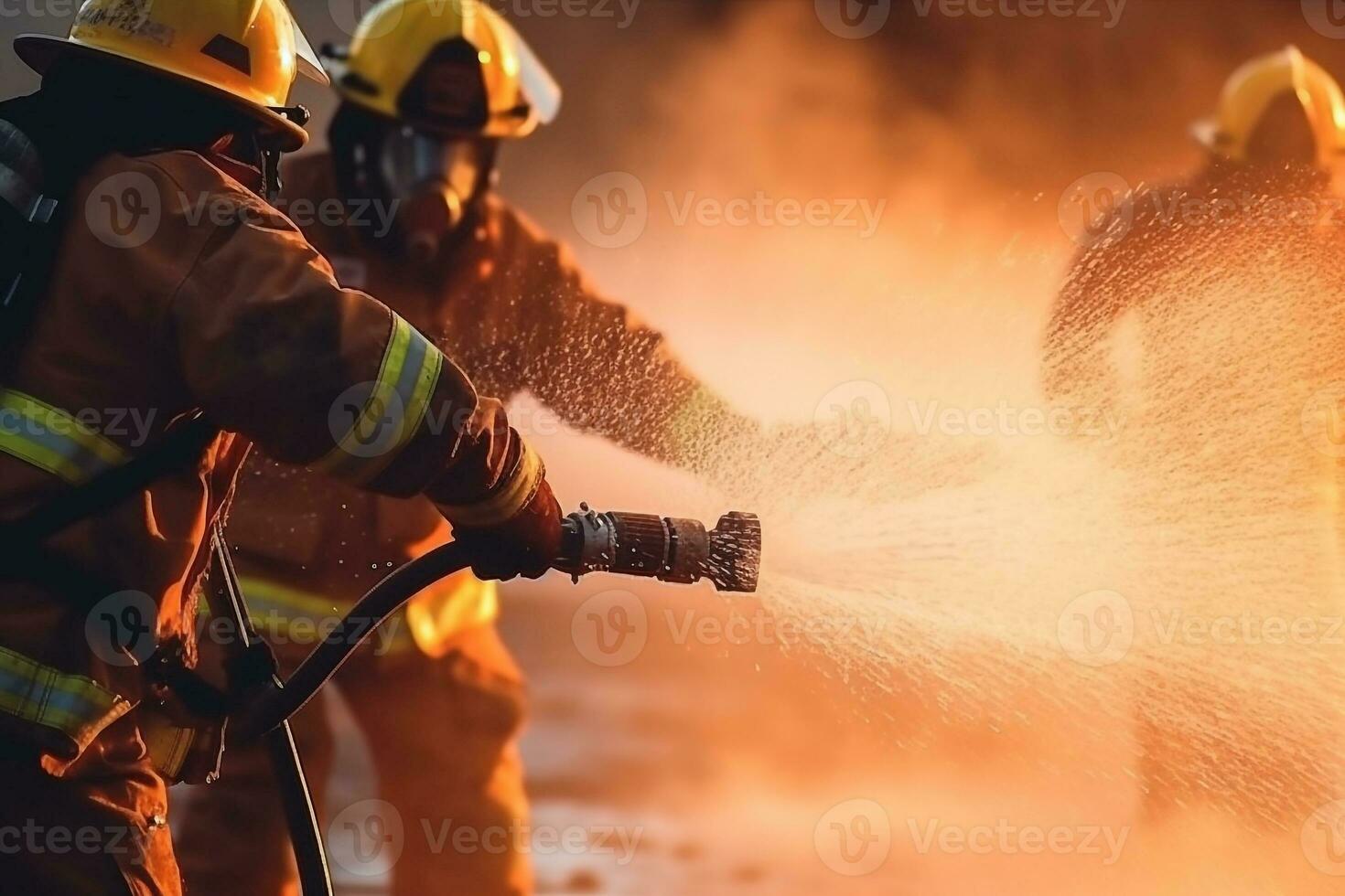 Firefighters use fire extinguishers and spray water.Generative Ai. photo
