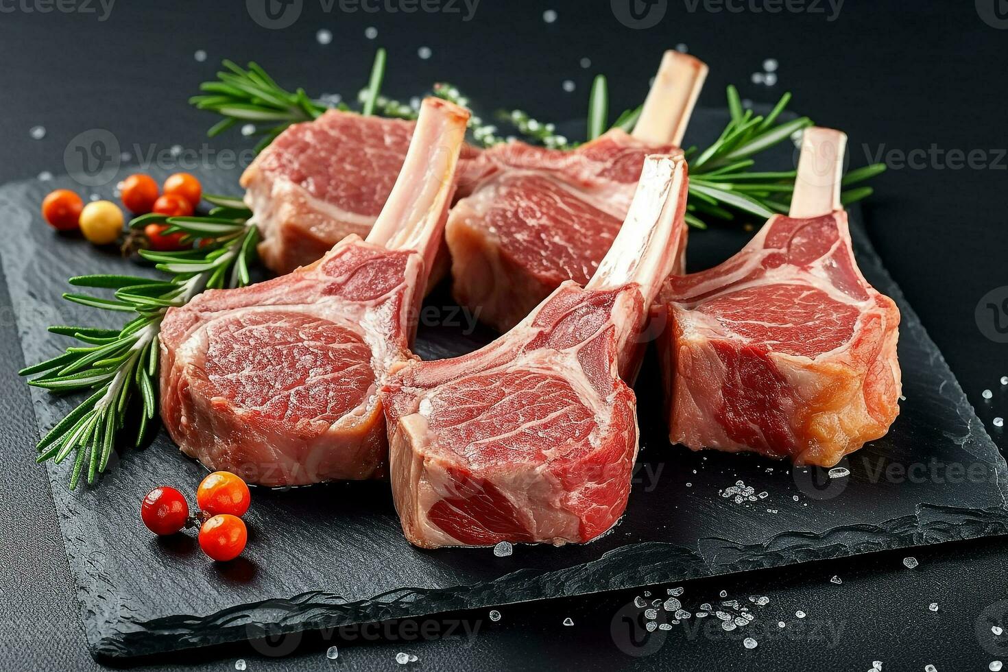 Fresh raw lamb chops on black stone background.Generative Ai. photo