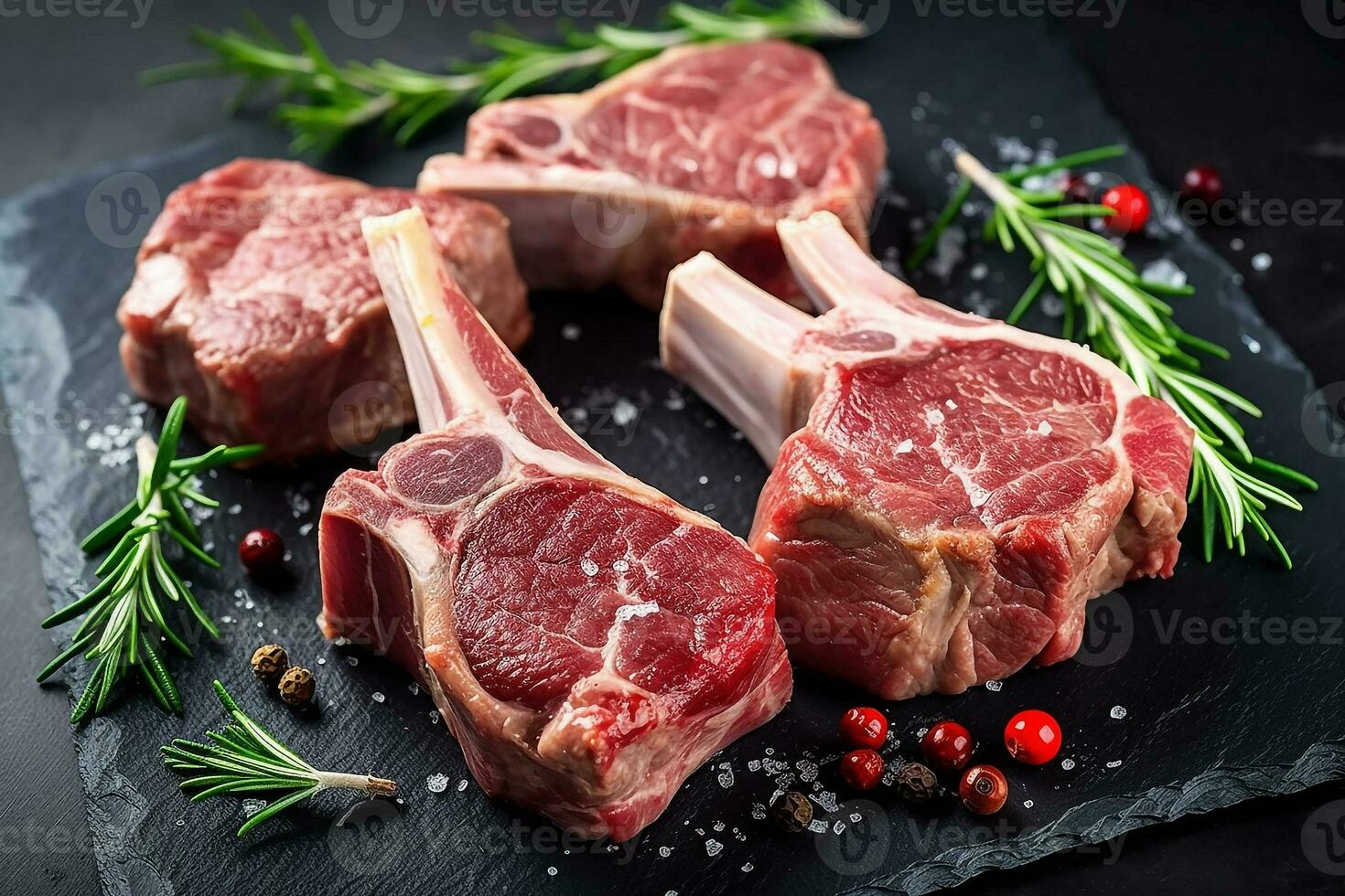 Fresh raw lamb chops on black stone background.Generative Ai. photo