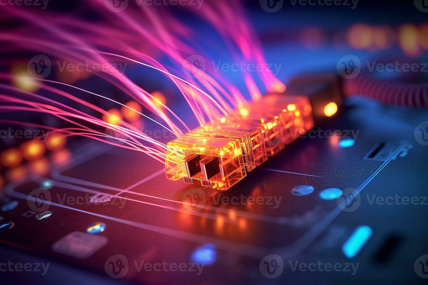 Connecting  internet with colorful fiber optic cables.Generative Ai. photo
