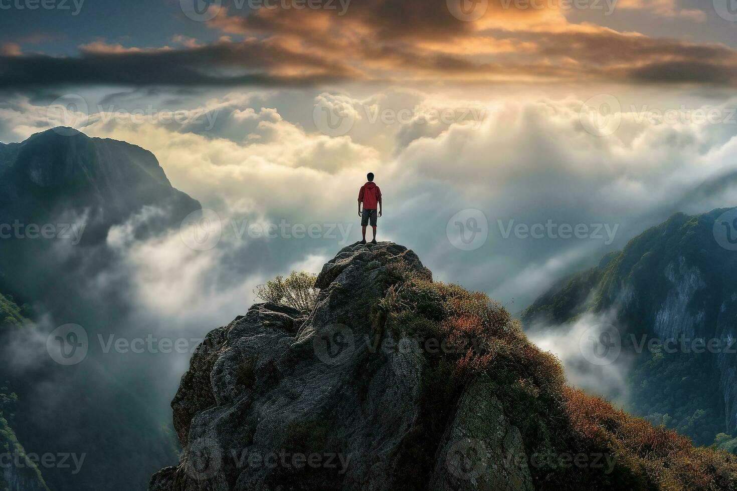 trepador en pie en el montaña.generativa ai. foto